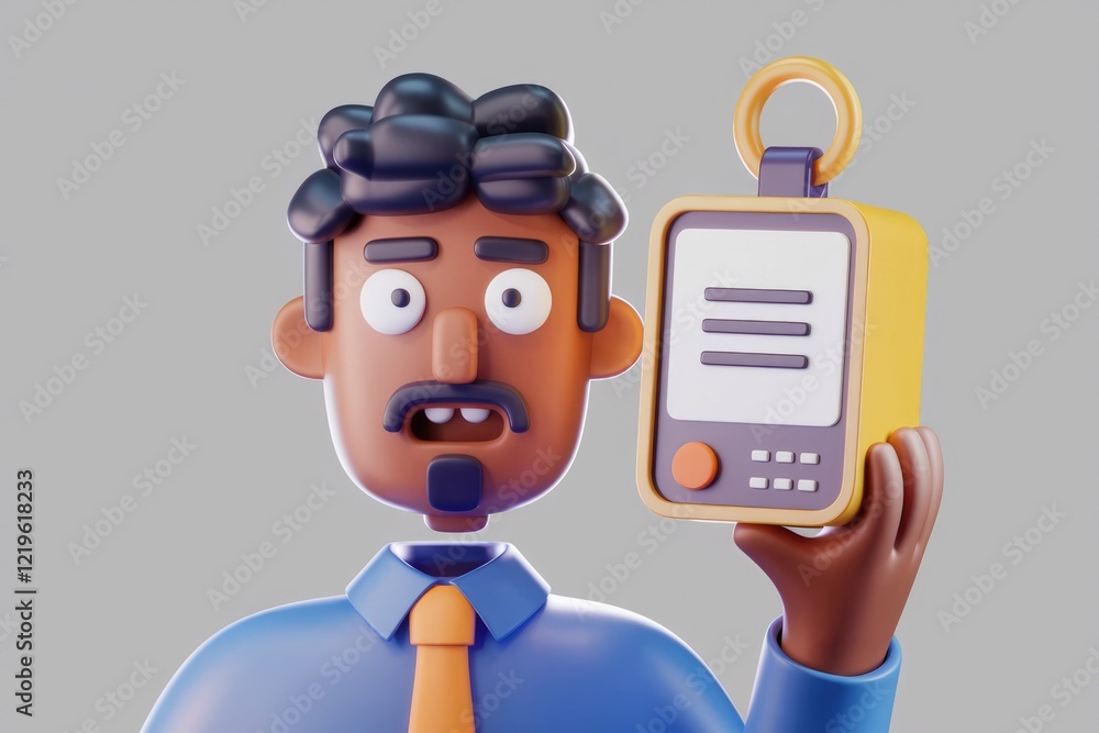 Poster a 3d cartoon man with a surprised expression holds a digital device.