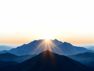 A serene mountain landscape at sunrise, showcasing layers of peaks bathed in warm sunlight and gentle hues of blue, creating a tranquil atmosphere for nature lovers.