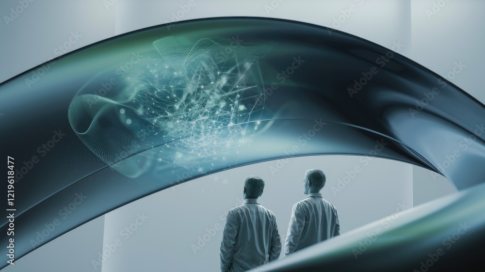 Poster Two men observe a futuristic, curved display showcasing a complex network of interconnected data points.