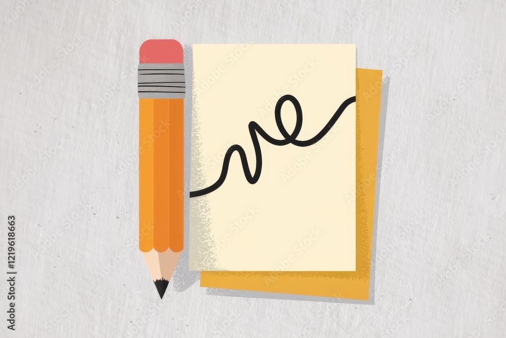 Poster a yellow notepad with a pencil and a simple doodle, suggesting ideas and creativity.