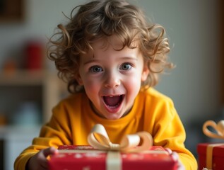 Fototapeta premium Surprised Child Opening Christmas Gift with Mouth Wide in Awe and Delight