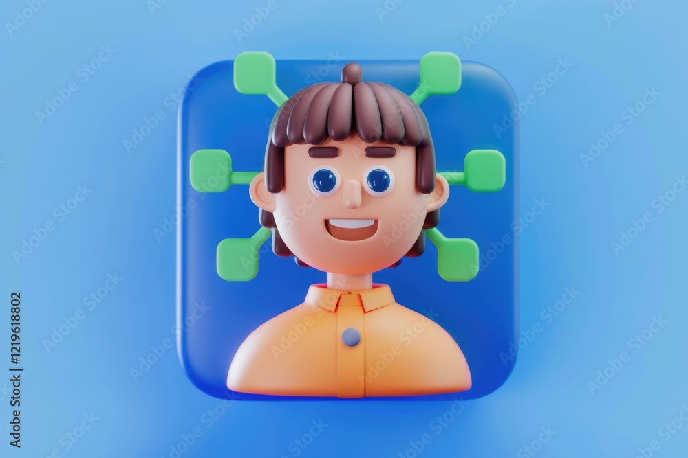 Poster 3d cartoon boy profile icon with connection nodes, representing networking or social media.