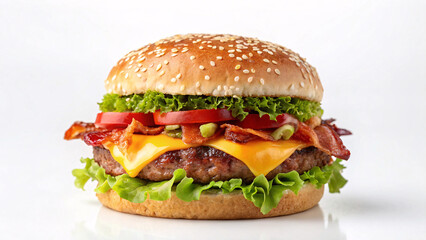 Close-Up Hamburger with Lettuce, Tomato, Bacon, Cheese, and Beef Patty