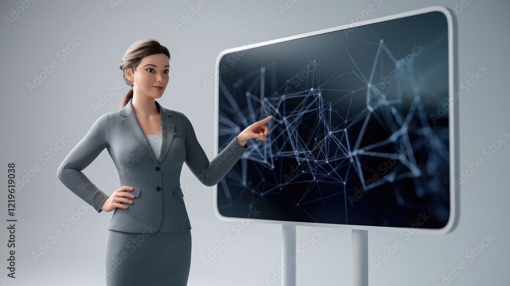 Aufkleber a businesswoman presents a complex network visualization on a digital display.