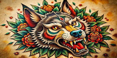 Vintage Wolf Tattoo Flash: Traditional Tribal Design, Ink Illustration