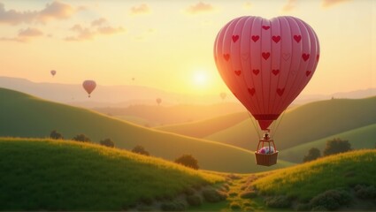 Fototapeta premium A heart-shaped hot air balloon with red patterns floating over lush green hills at sunrise, creating a romantic and serene atmosphere in the countryside. Generative, AI,