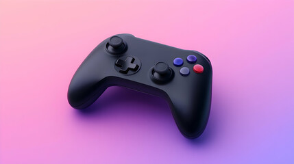 A stylish black video game controller rests on a vibrant pink and blue gradient background, symbolizing the excitement and creativity of gaming culture and modern entertainment.