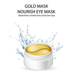Hydrogel patches are used to moisturize and nourish the skin around the eyes. Gold cosmetic pads in a white plastic container