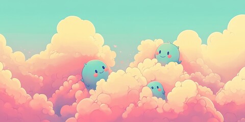 Fototapeta premium Cute Creatures Amongst Pastel Clouds In A Dreamy Sky