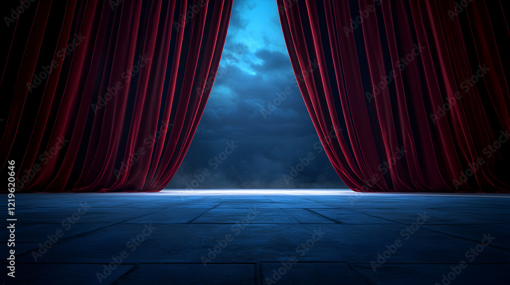 Poster a dramatic scene featuring deep red curtains parting to reveal a mysterious and atmospheric blue bac