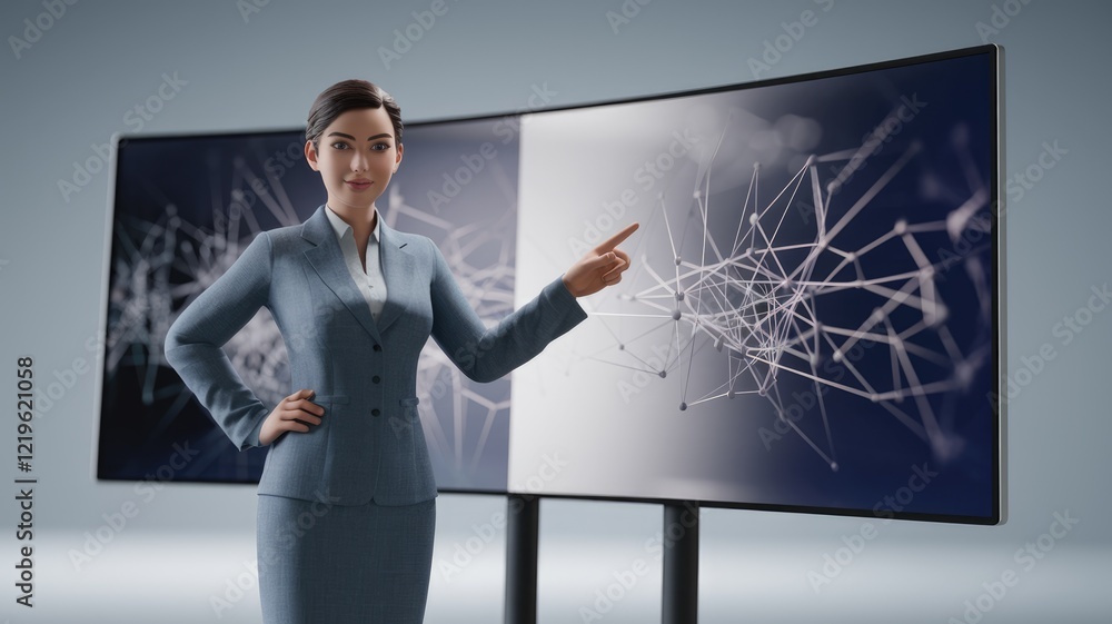 Poster businesswoman presenting network data visualization on large screens.