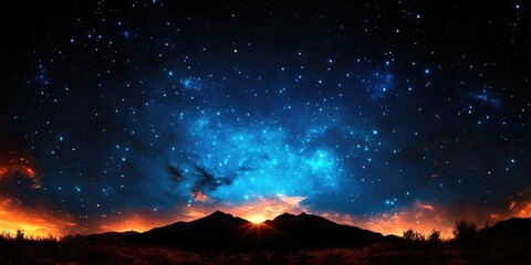 Naklejka premium Majestic mountain silhouette under vibrant starry night sky with sunrise horizon