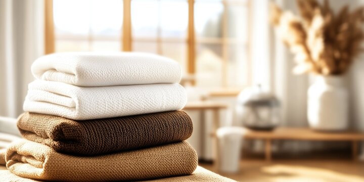 Stacked cozy knit blankets in neutral tones by sunny window in minimalist room