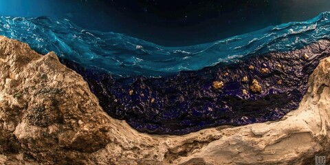 Abstract coastal landscape with vibrant ocean waves and rocky shoreline