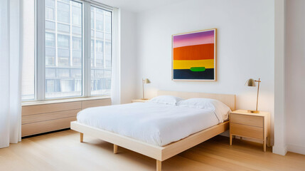 Modern bedroom with large windows and minimalistic design features