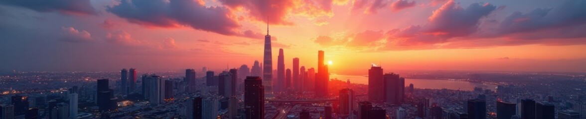Silver skyscrapers panoramic view, luxury cityscape at sunset, modern, luxury
