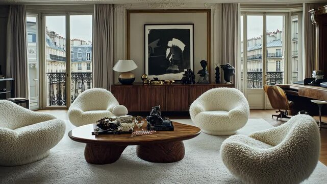 Elegant modern living room with unique furniture and large windows overlooking Parisian architecture