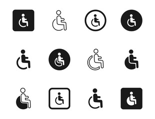 Disabled icon set. Wheel chair symbol. Wheelchair, access sign for disabled people. Disabled disability icons. Parking sign for people with disabilities. Symbol of accessibility for disabled people.