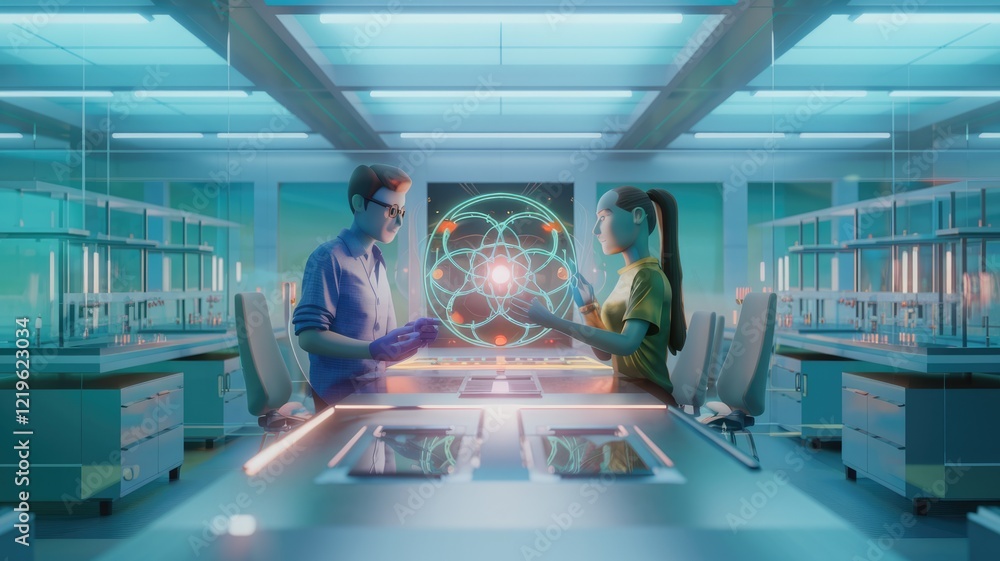 Poster two scientists collaborate in a futuristic lab, interacting with a holographic atom model to explore