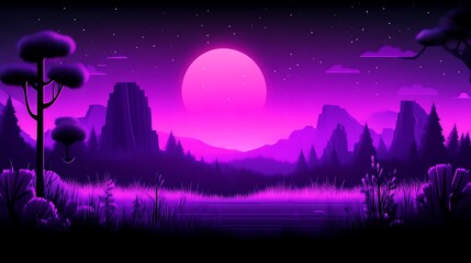 Fototapeta premium Purple Night Landscape With Mountains And Trees