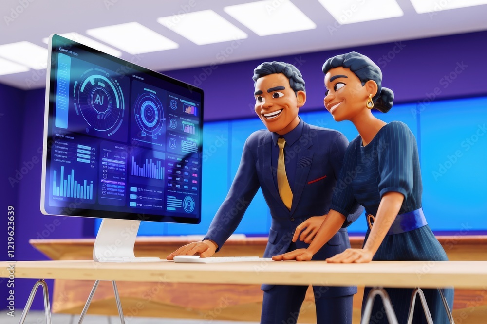 Poster a diverse team analyzes data on a futuristic screen, showcasing ai-powered business intelligence.