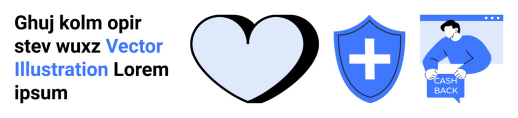 Heart outline, blue shield with white cross, person holding cashback sign. Ideal for healthcare, security, financial services, insurance, online marketing, customer support, educational content