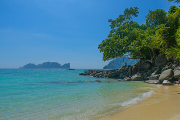 Obraz premium Phi phi island seascape with long tail boat in Krabi Thailand
