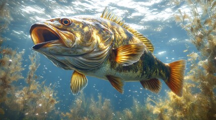 A realistic depiction of a bass fish swimming underwater,
