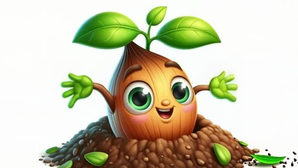3D funny seed cartoon in growth phase. Biology concept
