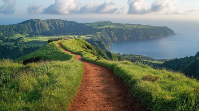 Green path by ocean hills.