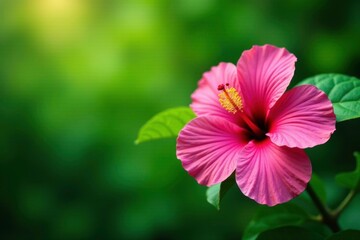 Fototapeta premium Colorful hibiscus blooms in a lush green background, pink flowers, floral, blooming flowers