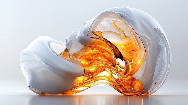 Abstract orange and white liquid sculpture on white background, ideal for design and tech