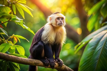 Obraz premium White-Faced Capuchin Monkey in Central American Rainforest - Wildlife Stock Photo