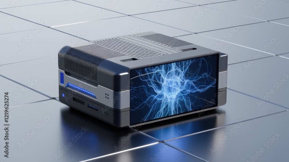 Poster Futuristic server showcasing neural network visualization on its display.
