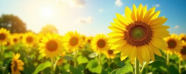 Sun-drenched sunflowers in a vibrant summer field , blossom, background