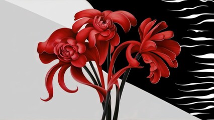 Red flower bouquet on abstract black and white background with copy space