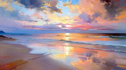 sunset impressionism oil painting with a picturesque sunset with orange and purple on a beautiful sandy beach with puffy clouds.