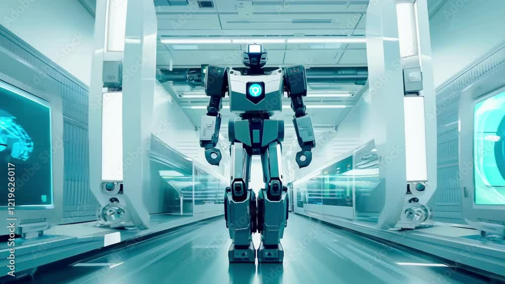 Poster futuristic humanoid robot in sleek modern laboratory facility concept of advanced technology robotic