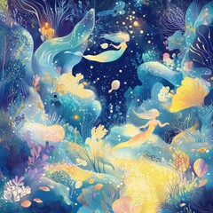 Two Mermaids Swim Amongst Vibrant Coral Reefs