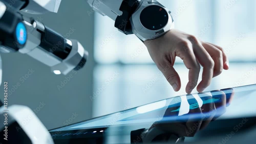 Poster caucasian hand interacting with touchscreen and robot arm. concept of human technology interface, fu