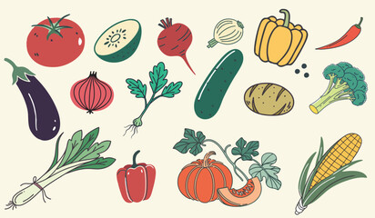  set of Hand drawn colorful vegetables, vegetables salad. Modern abstract minimal style. Healthy organic food, Tomatoes, onion, zucchini, eggplant, leek, potatoes, corn, peppers, etc