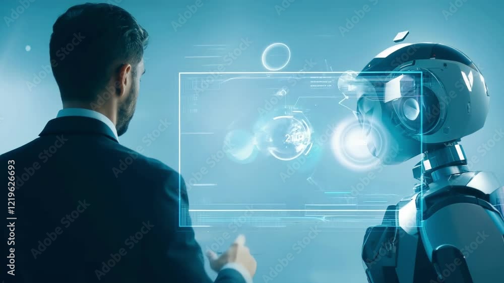 Poster caucasian businessman interacting with robot using futuristic screen technology concept of innovatio