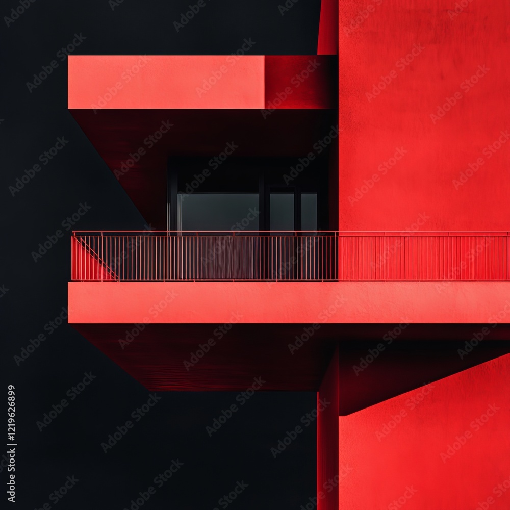 Poster a striking modern architectural structure with a bold red color and minimalistic design, featuring a