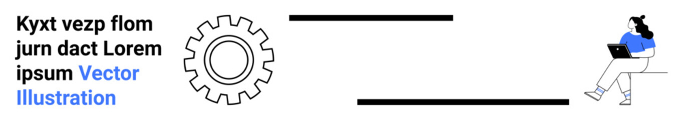 Gear icon, placeholder text, woman using laptop. Ideal for business, technology, productivity, remote work, innovation, tech industry, information display. Landing page