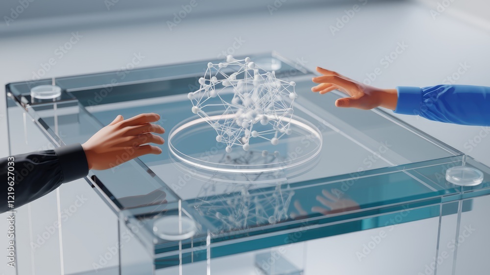 Poster Two hands interact with a 3D network model on a glass table, visualizing connection and collaboration.