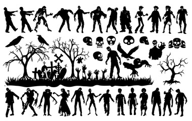 Creepy Halloween Silhouettes: a chilling collection of silhouettes showcasing zombies, raven, skulls, and ominous cemetery elements. perfect for creating a spooky and atmospheric design.