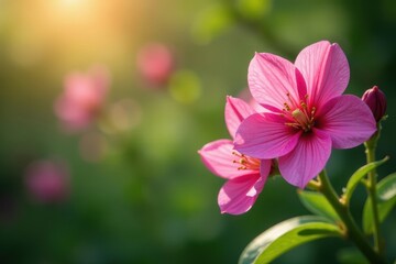 Fototapeta premium Vibrant pink spring flowers, lush green backdrop, wallpaper, vibrant