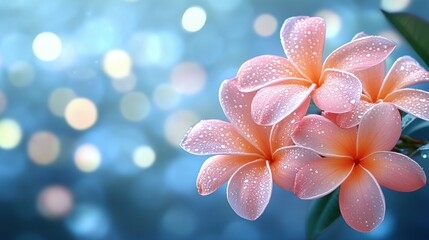 Fototapeta premium Dewy Plumeria blossoms, bokeh background, spa, serenity