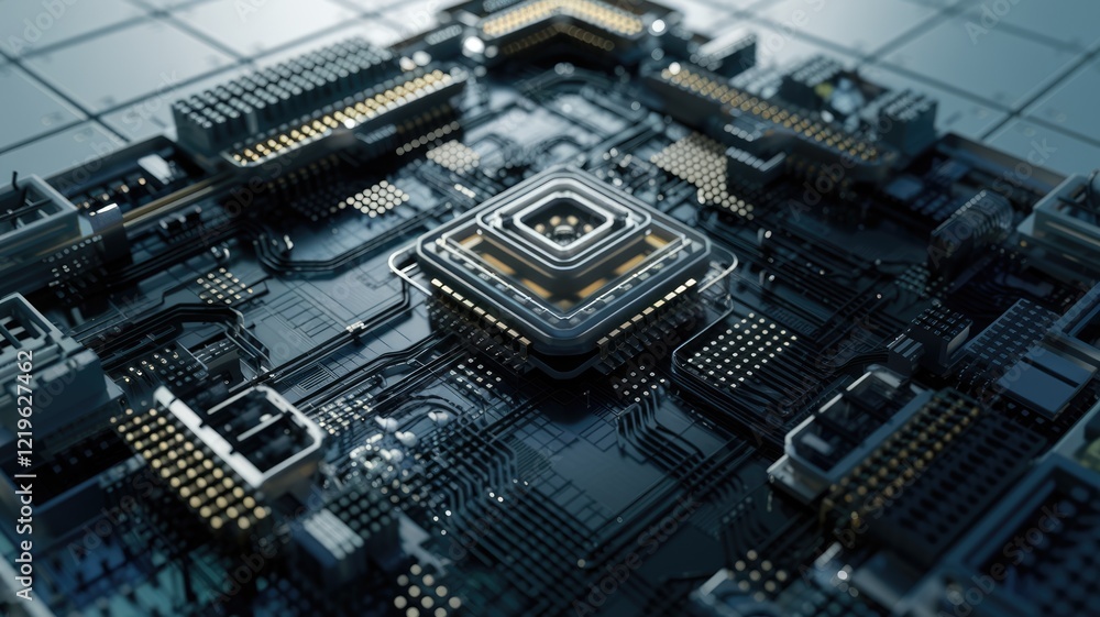 Poster Close-up view of a complex technological circuit board with a central processor.