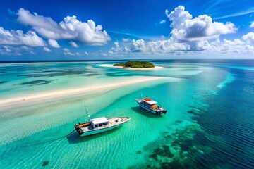 Zanzibar Mnemba Island: Aerial View of Yacht on Azure Water, Low Tide Sandbank, Sunny Summer Day